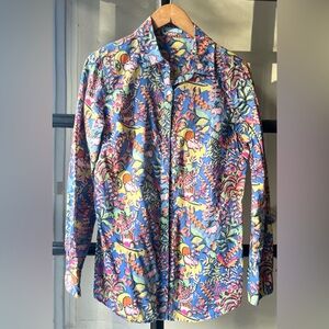 J. McLaughlin Blue Yellow Mini Freshfield Button Down Lois Blouse